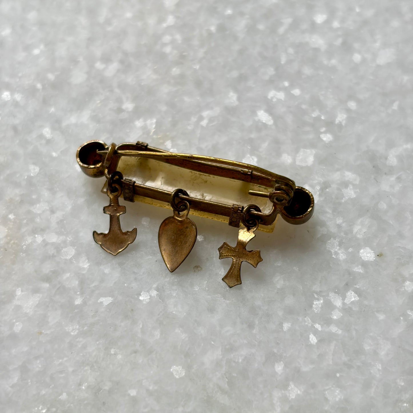 Edwardian Mother of Pearl Faith, Hope and Charity Charm Brooch