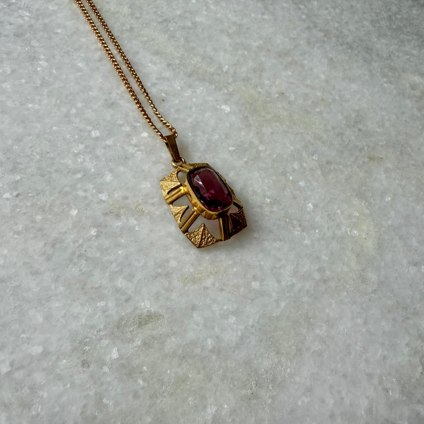 1960s Andreas Daub Rolled Gold Purple Glass Pendant Necklace