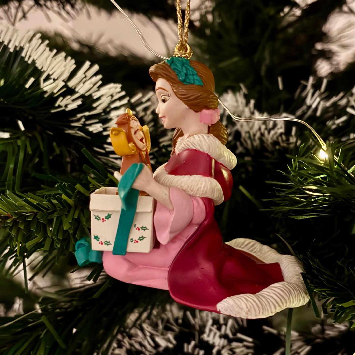 Beauty & The Beast Belle with Cogsworth in Present Christmas Decoration