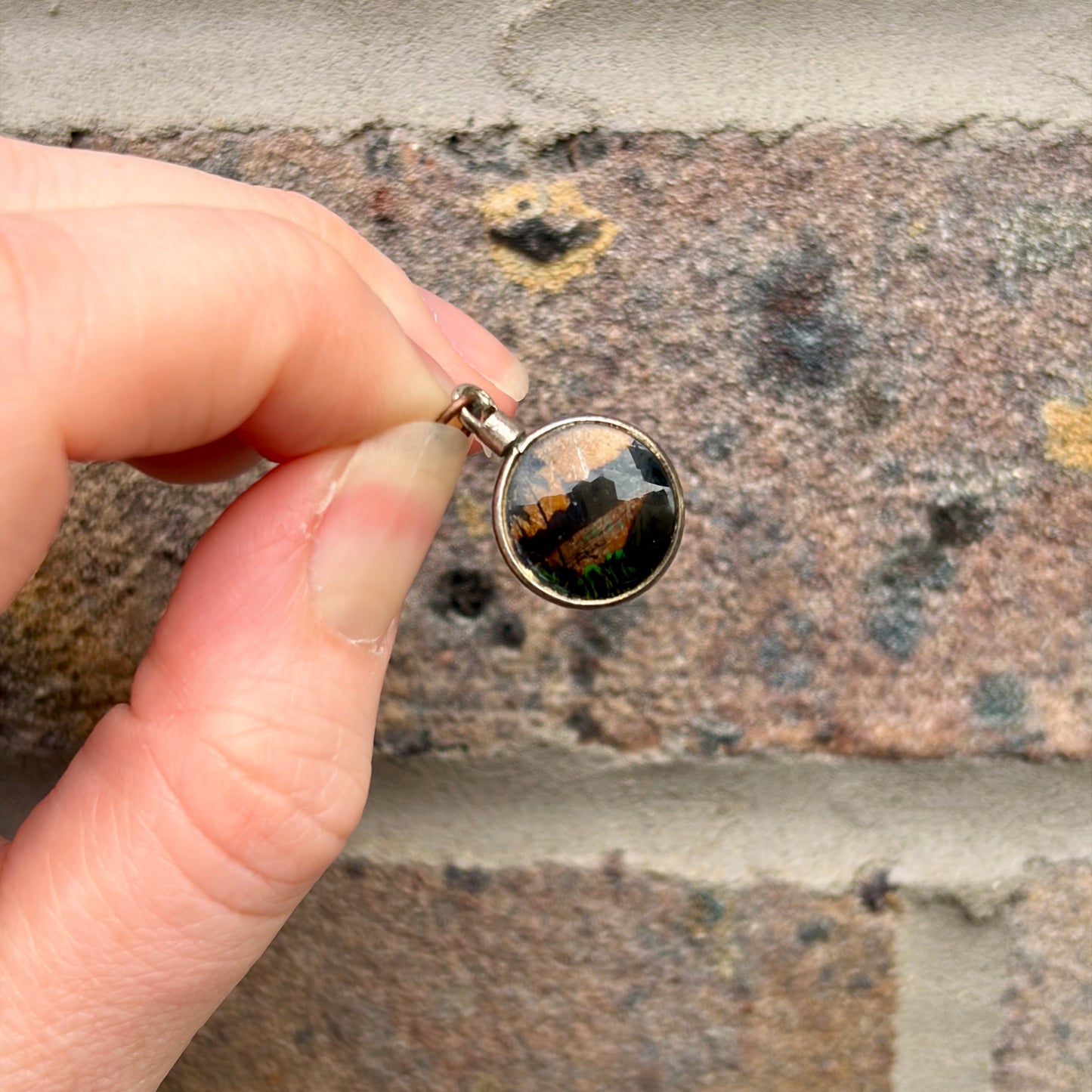 Antique Art Deco Tiny Landscape Pendant with Butterfly Wing