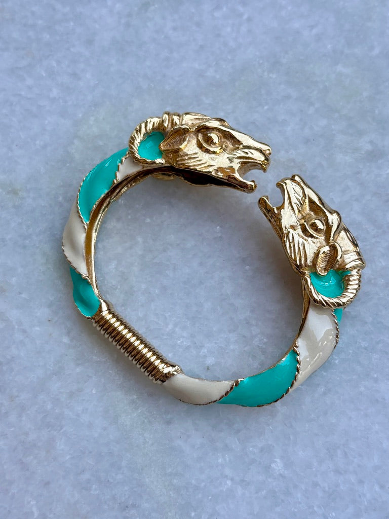 Donald Stannard Kissing Rams Turquoise and White Enamel Bangle