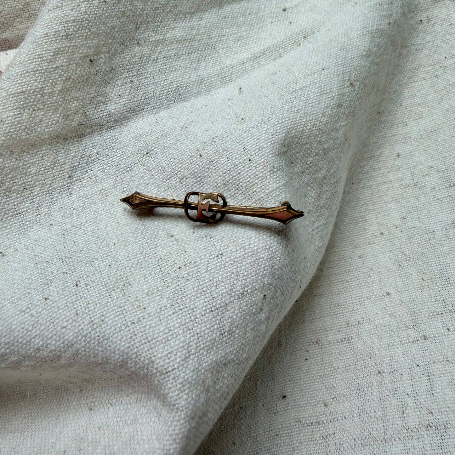 Rolled Yellow and Rose Gold E Initial Bar Brooch by AJC
