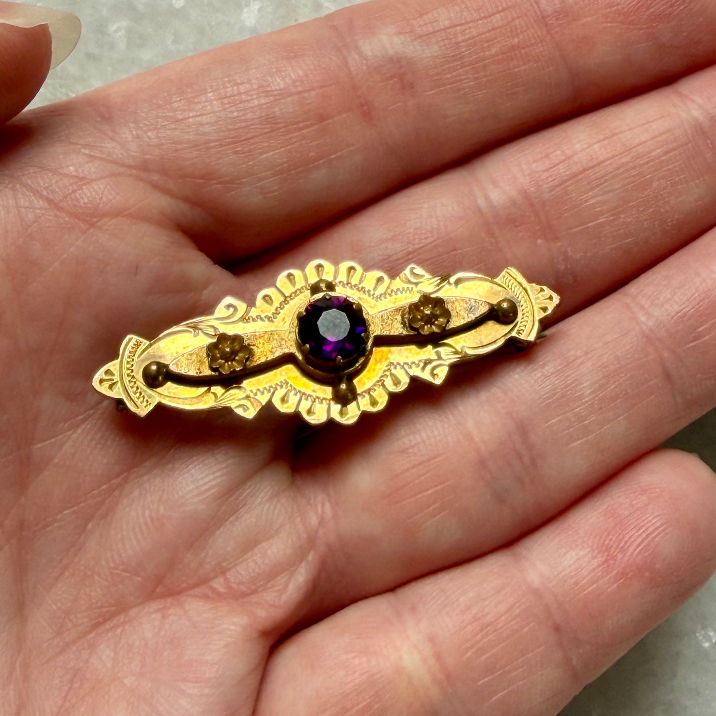 Antique Rolled Gold Brooch with Purple Stone