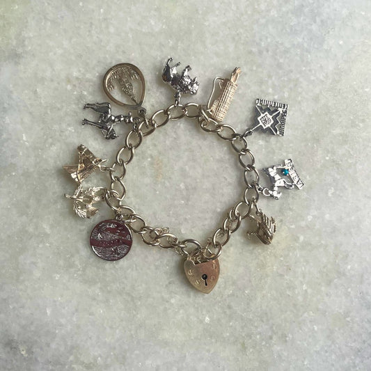 Sterling Silver Charm Bracelet with 10 Charms and Heart Padlock