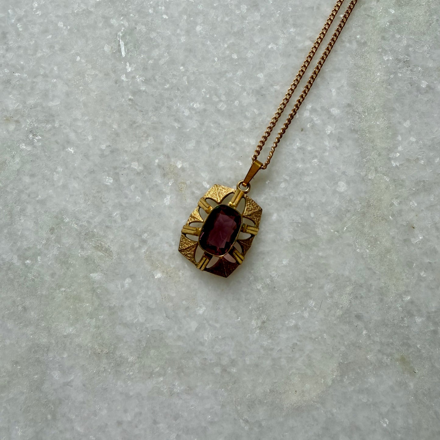 1960s Andreas Daub Rolled Gold Purple Glass Pendant Necklace