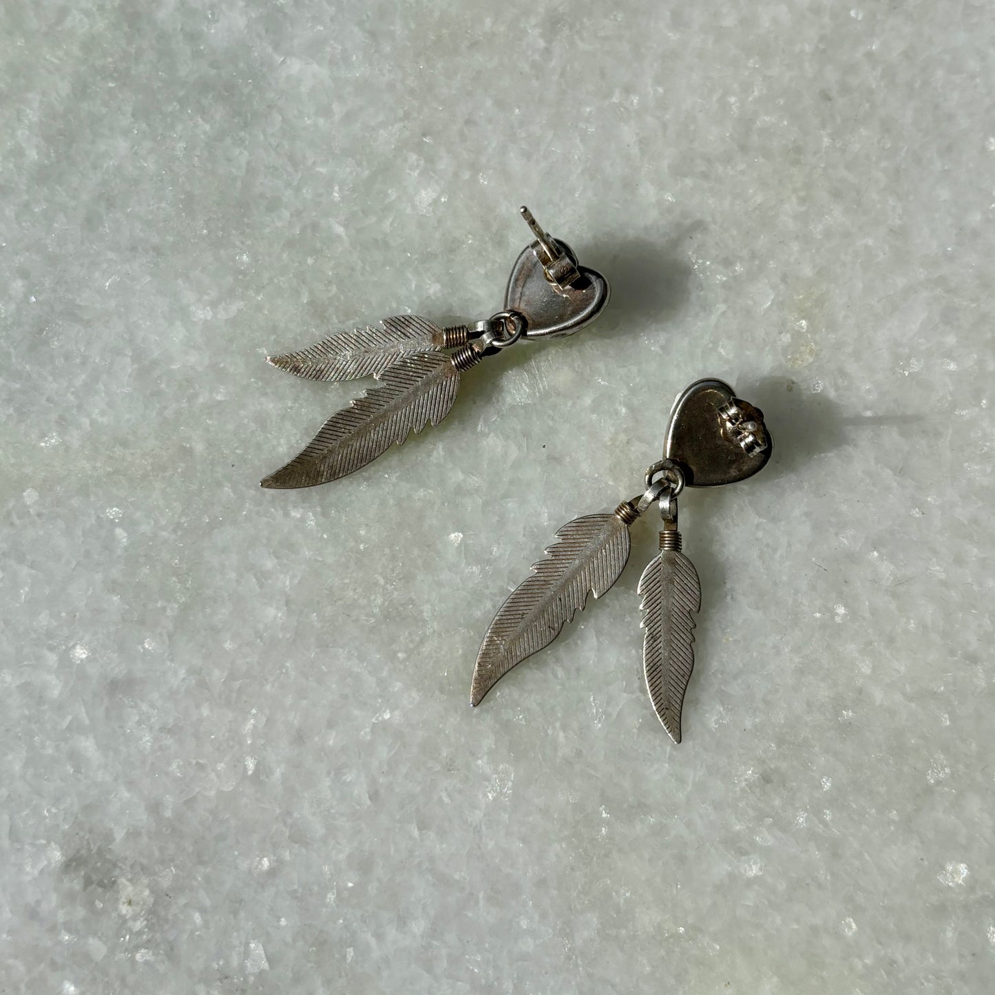 925 Silver Small Heart with Feather Charms Earrings