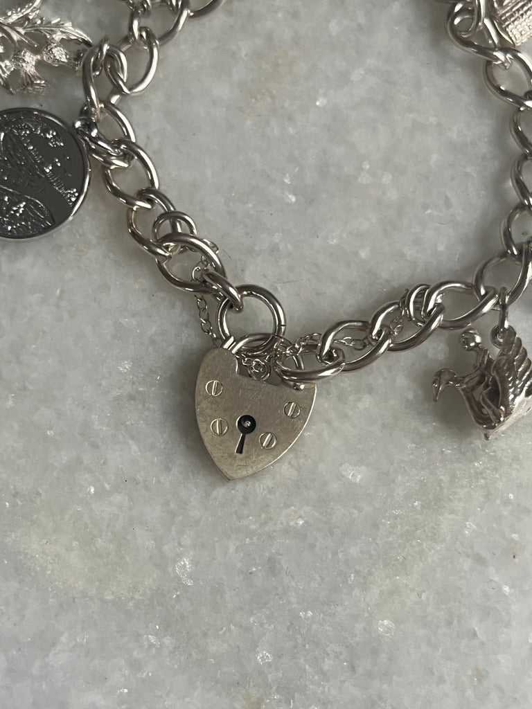 Sterling Silver Charm Bracelet with 10 Charms and Heart Padlock