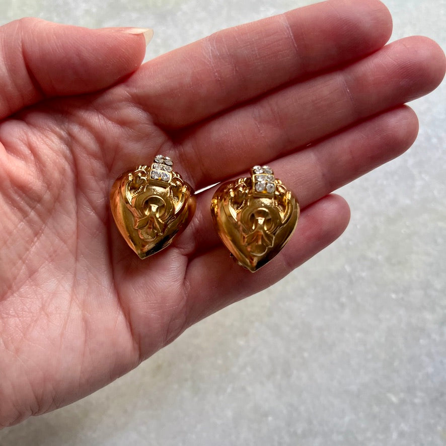 1980s Francois Rossi Heart and Rhinestone Clip on Earrings