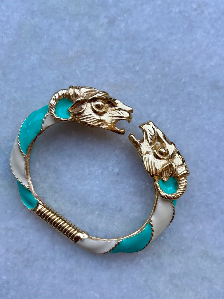 Donald Stannard Kissing Rams Turquoise and White Enamel Bangle