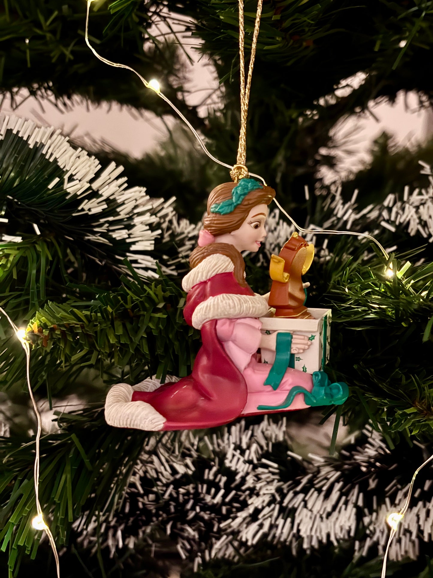 Beauty & The Beast Belle with Cogsworth in Present Christmas Decoration
