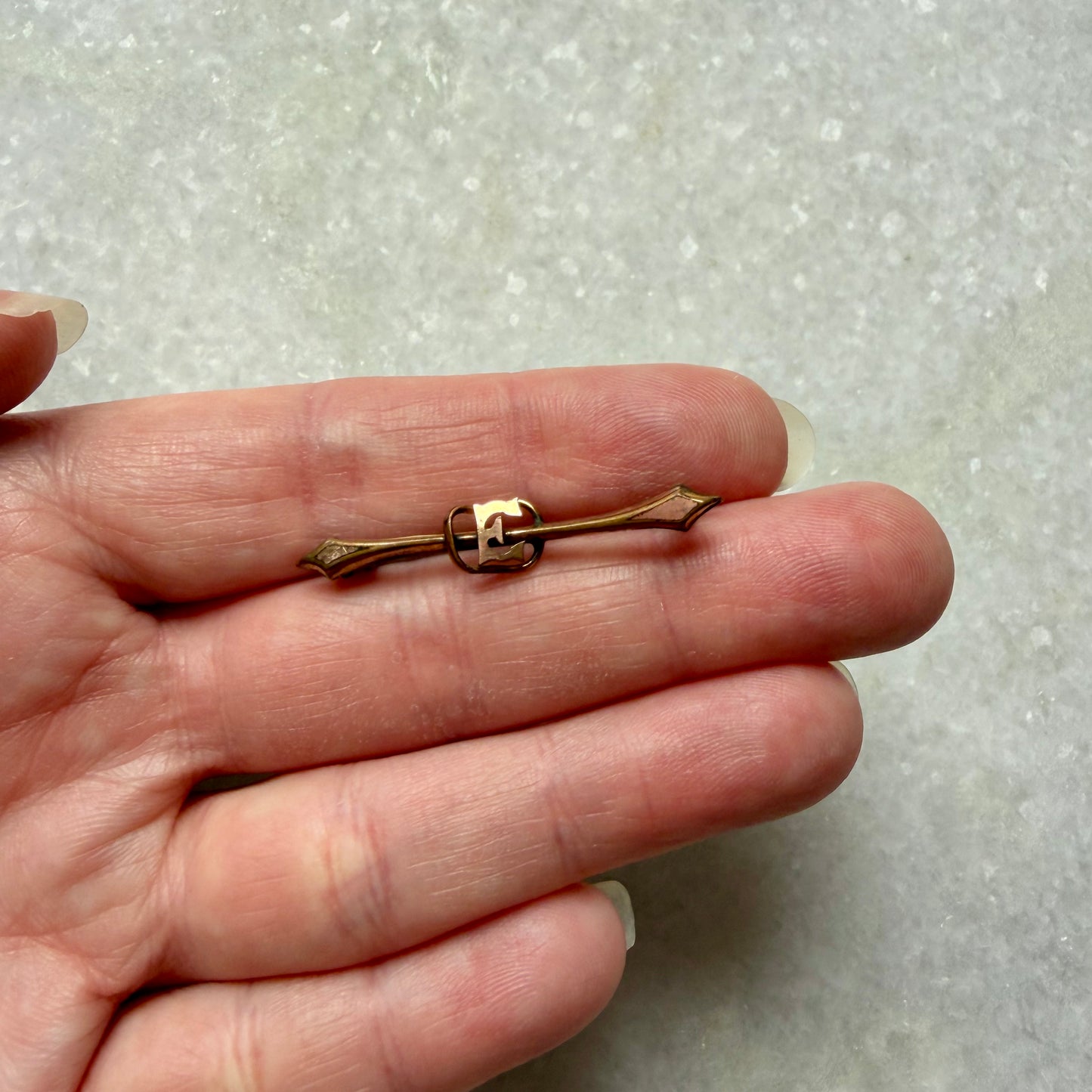 Rolled Yellow and Rose Gold E Initial Bar Brooch by AJC