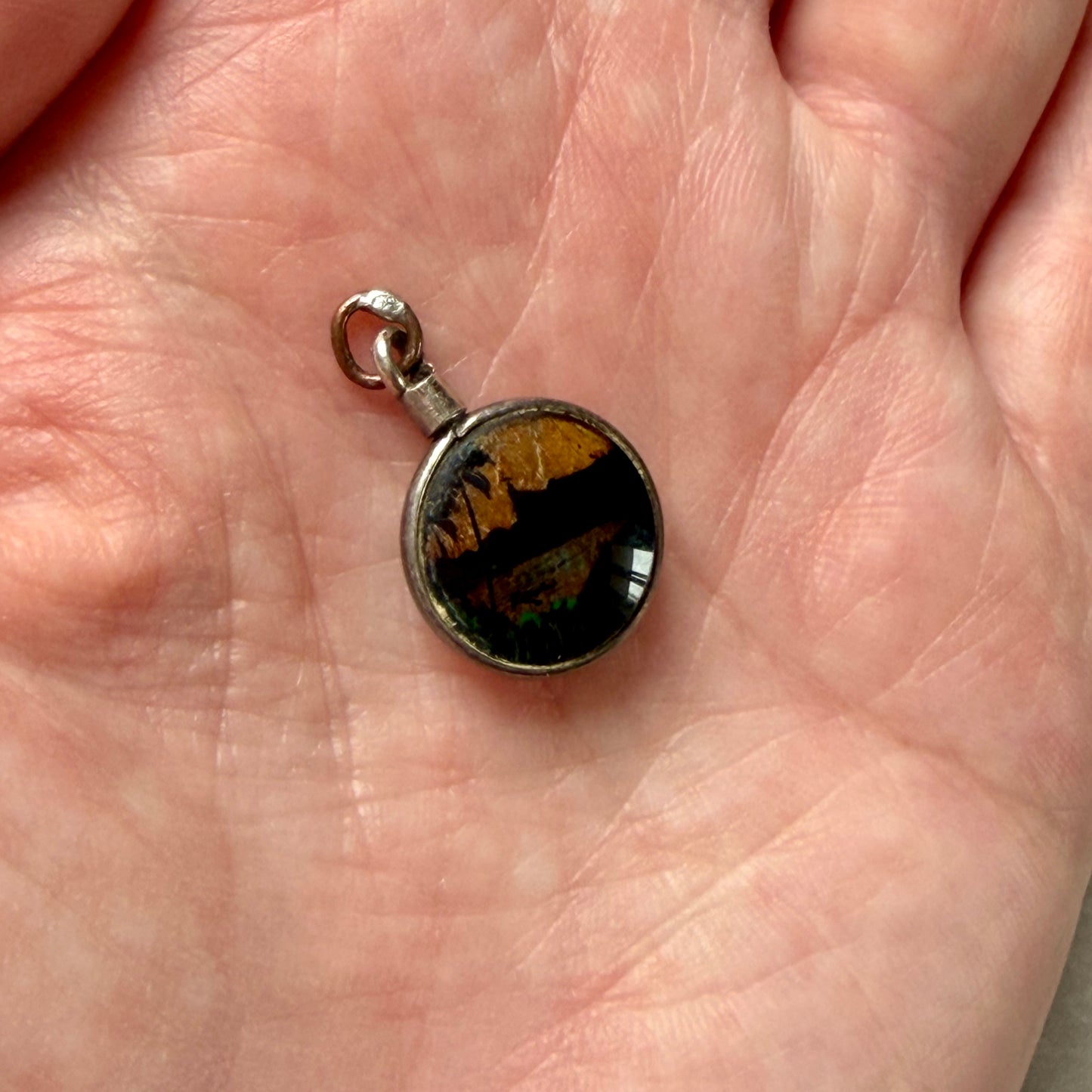 Antique Art Deco Tiny Landscape Pendant with Butterfly Wing