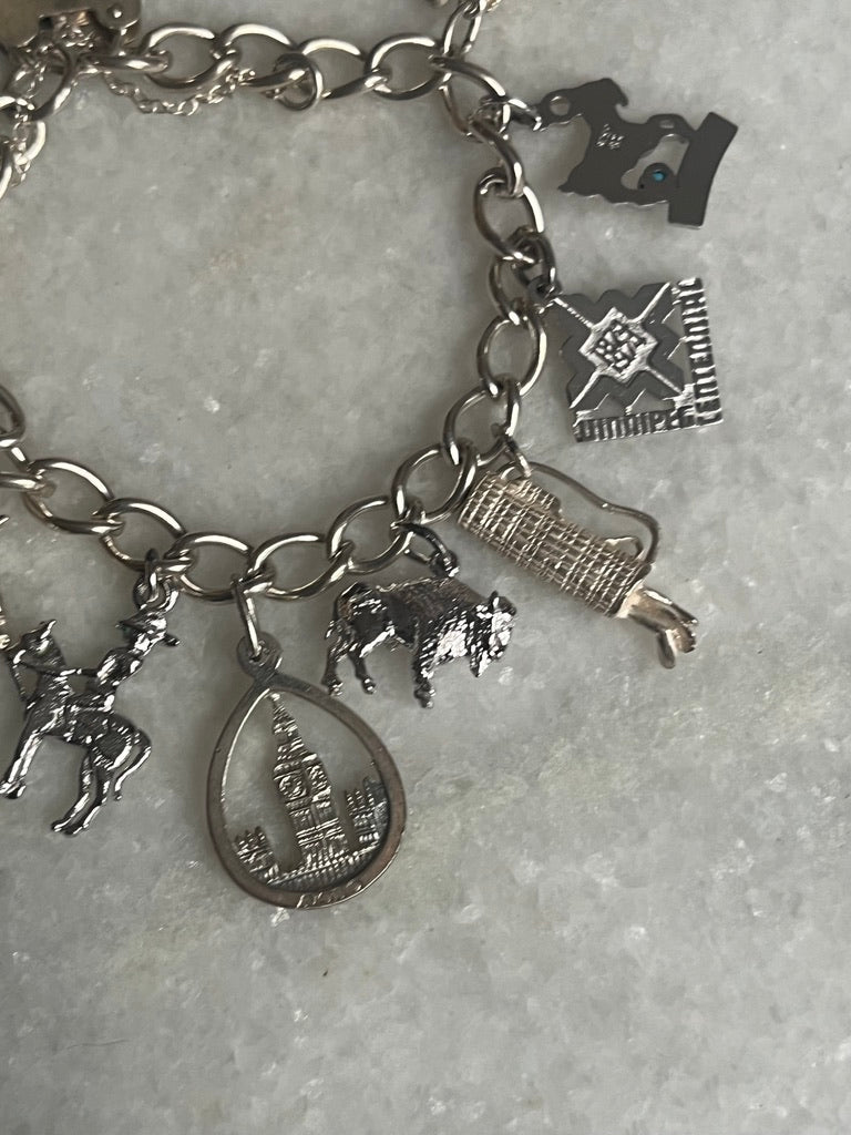 Sterling Silver Charm Bracelet with 10 Charms and Heart Padlock