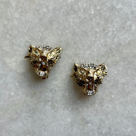 1980s Roaring Wild Cat Rhinestone Clip On Earrings