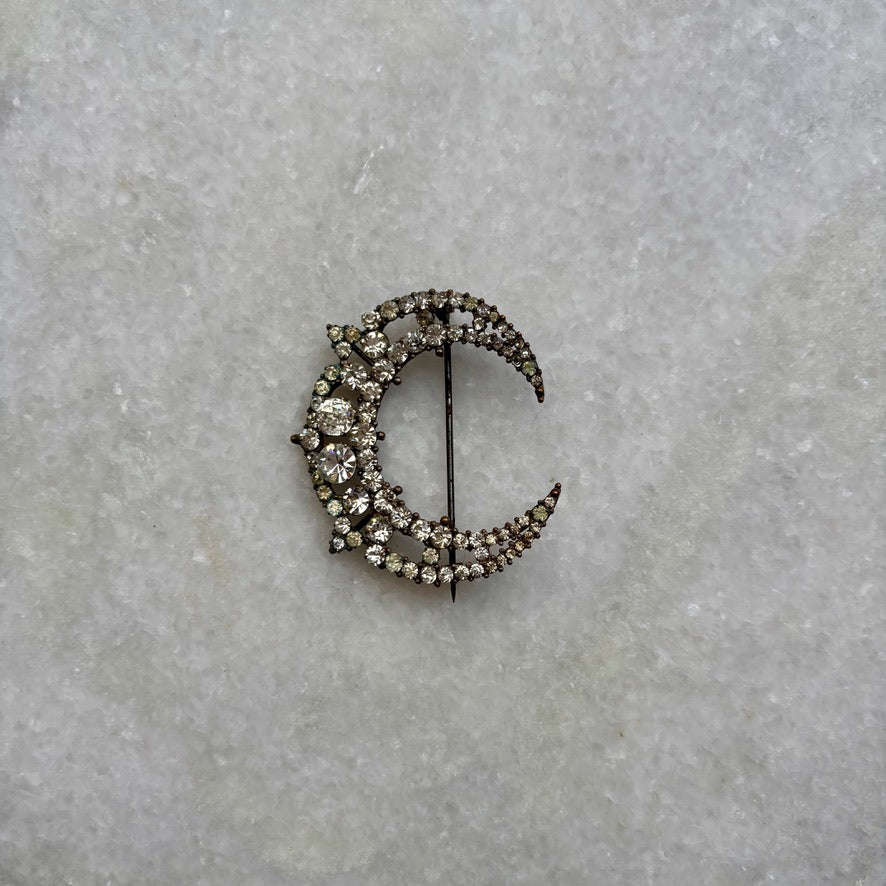 Early Victorian Paste Stone Crescent Moon Brooch