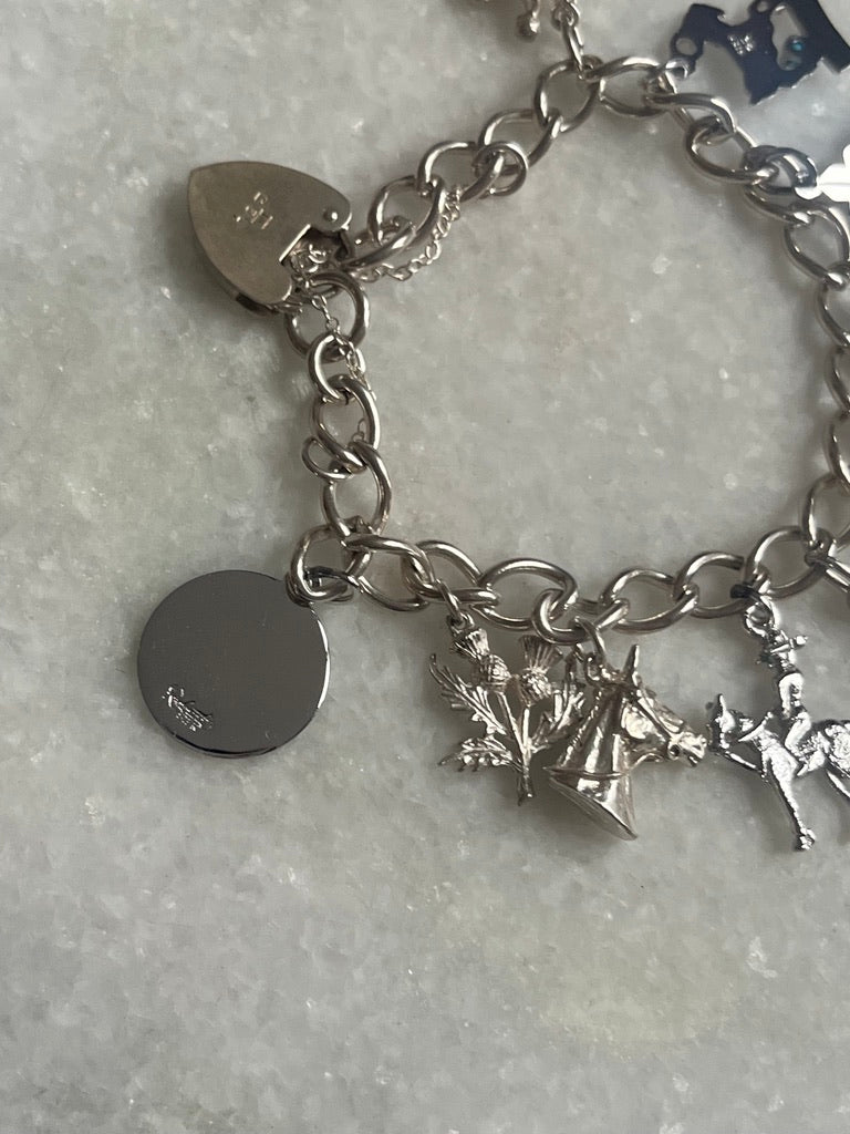 Sterling Silver Charm Bracelet with 10 Charms and Heart Padlock