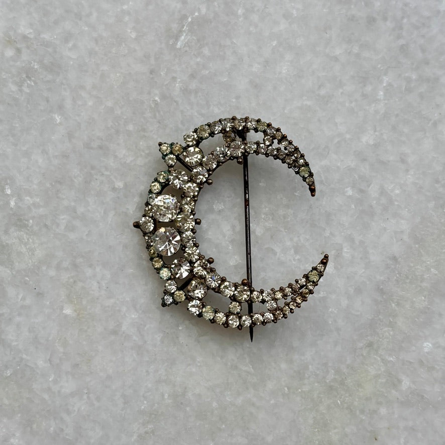 Early Victorian Paste Stone Crescent Moon Brooch