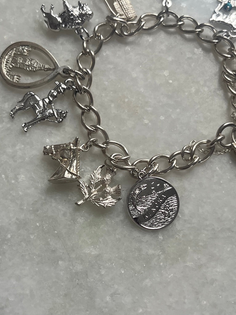 Sterling Silver Charm Bracelet with 10 Charms and Heart Padlock