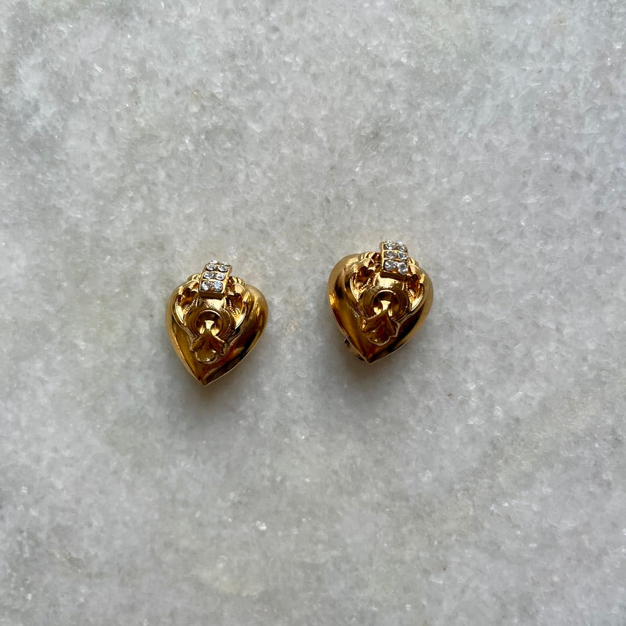 1980s Francois Rossi Heart and Rhinestone Clip on Earrings