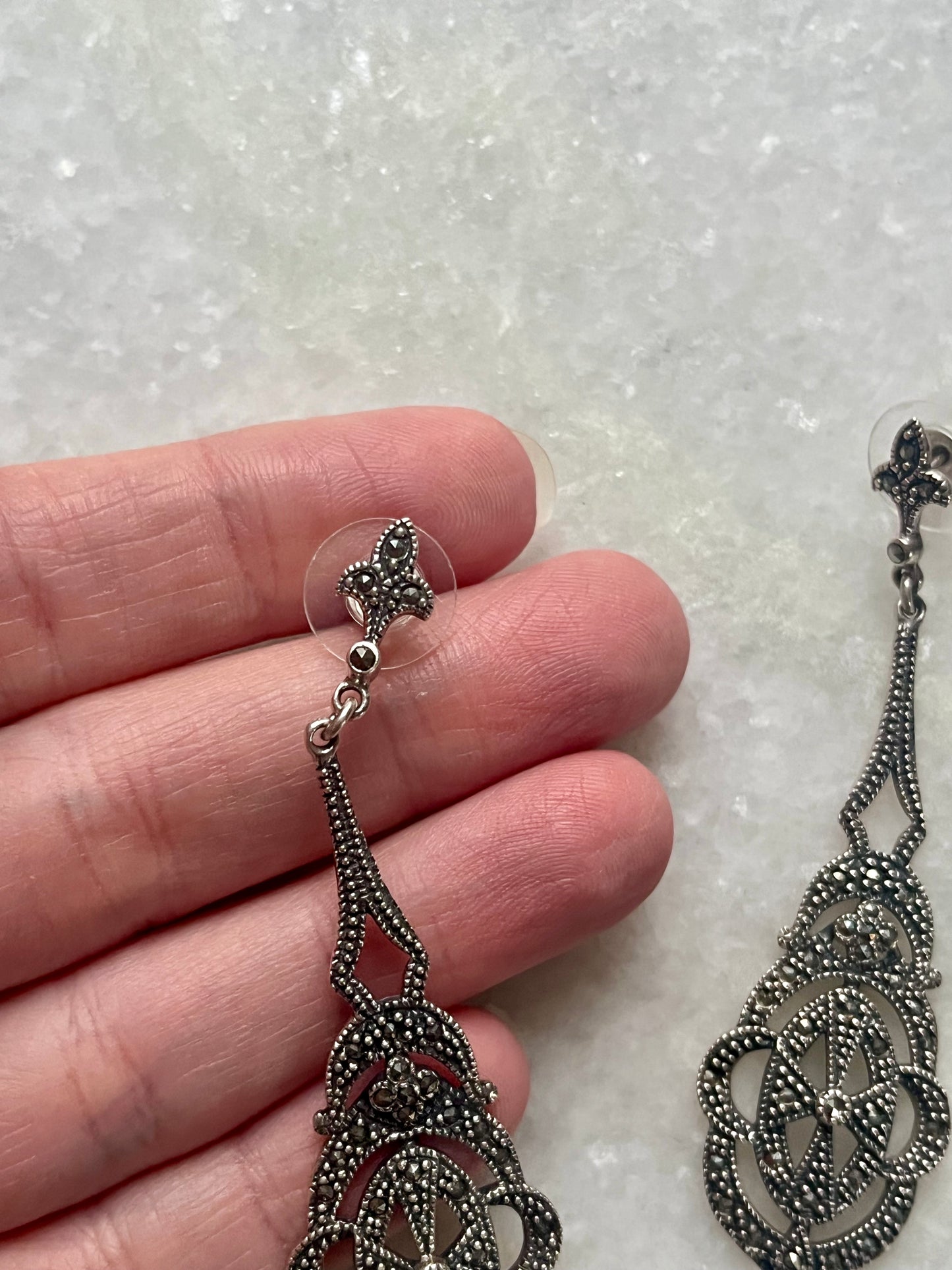 Sterling Silver Marcasite Dangle Drop Earrings