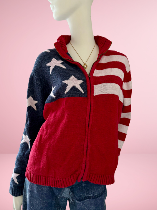 Vintage Stars and Stripes USA Flag Knitted Zip Up Cardigan