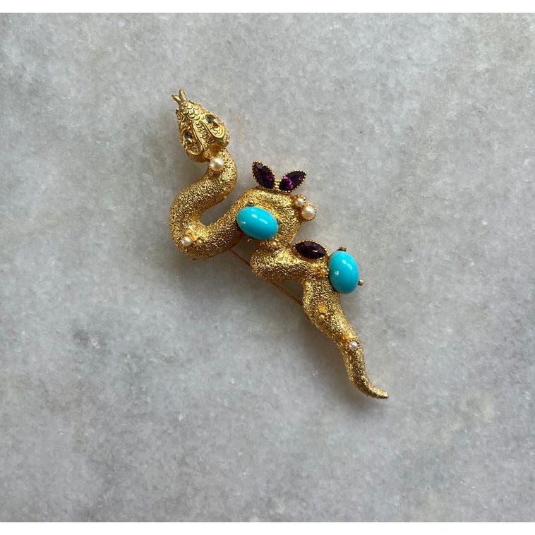 Stunning Snake Brooch with Turquoise and Purple Jewel Stones