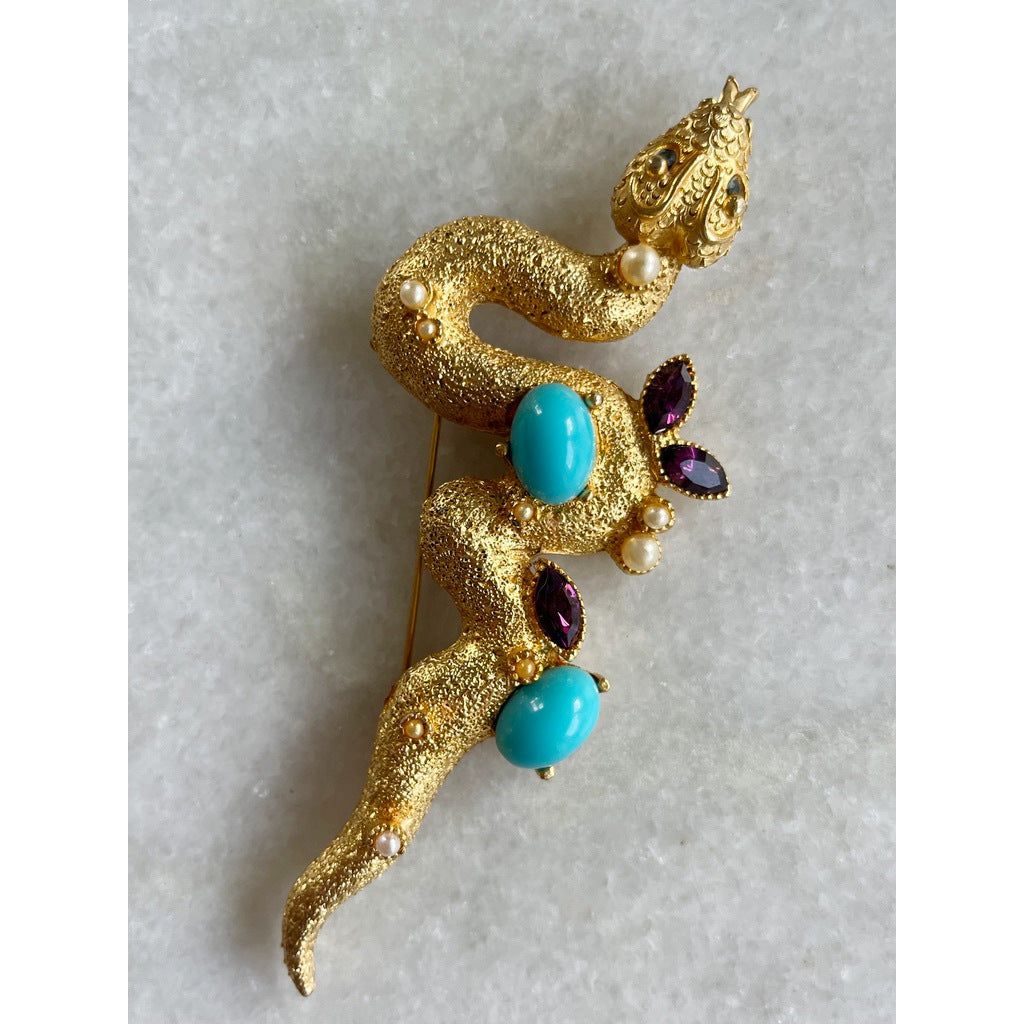 Stunning Snake Brooch with Turquoise and Purple Jewel Stones