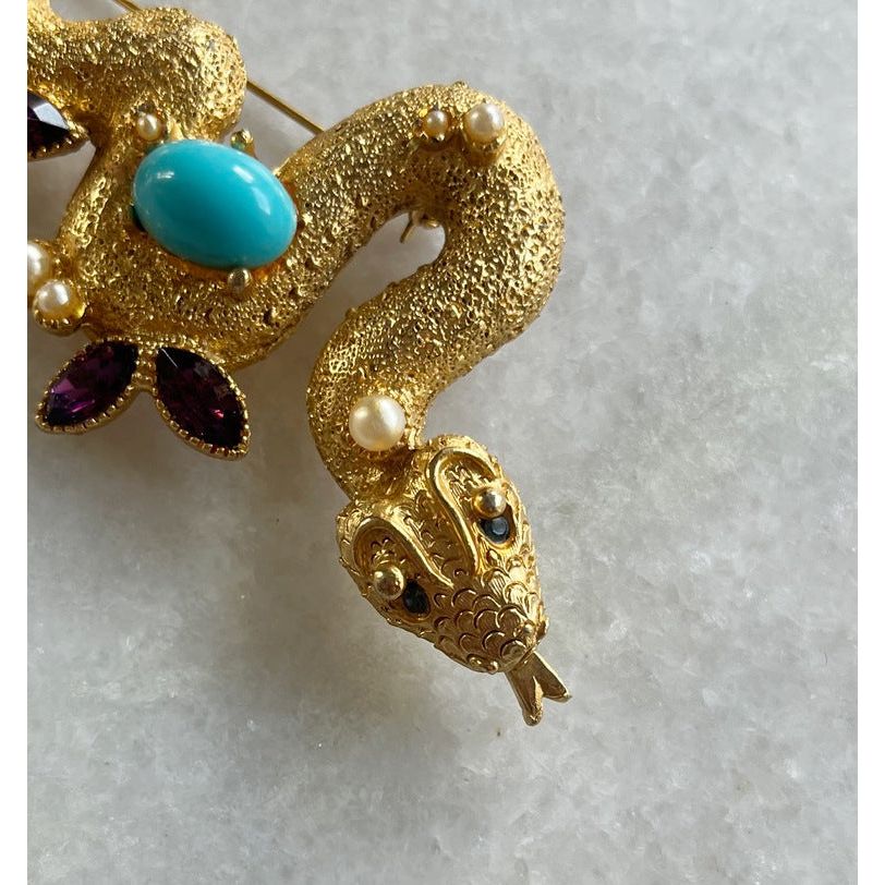 Stunning Snake Brooch with Turquoise and Purple Jewel Stones