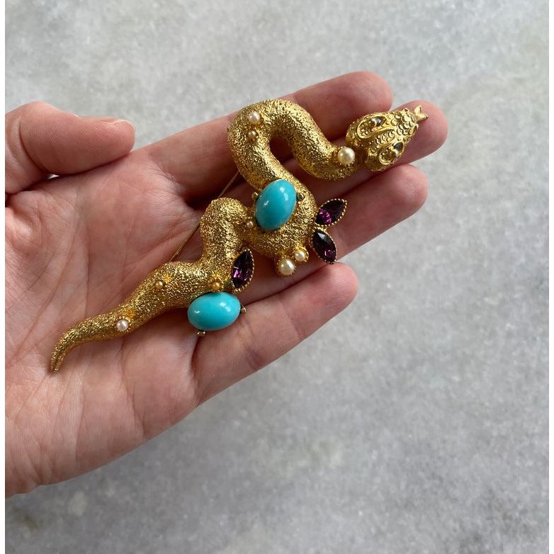 Stunning Snake Brooch with Turquoise and Purple Jewel Stones